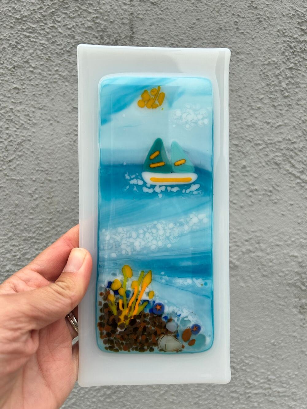 Fused Glass Sailboat Beach Panel Wall Hanging Coastal Nautical Ocean Scene Art
